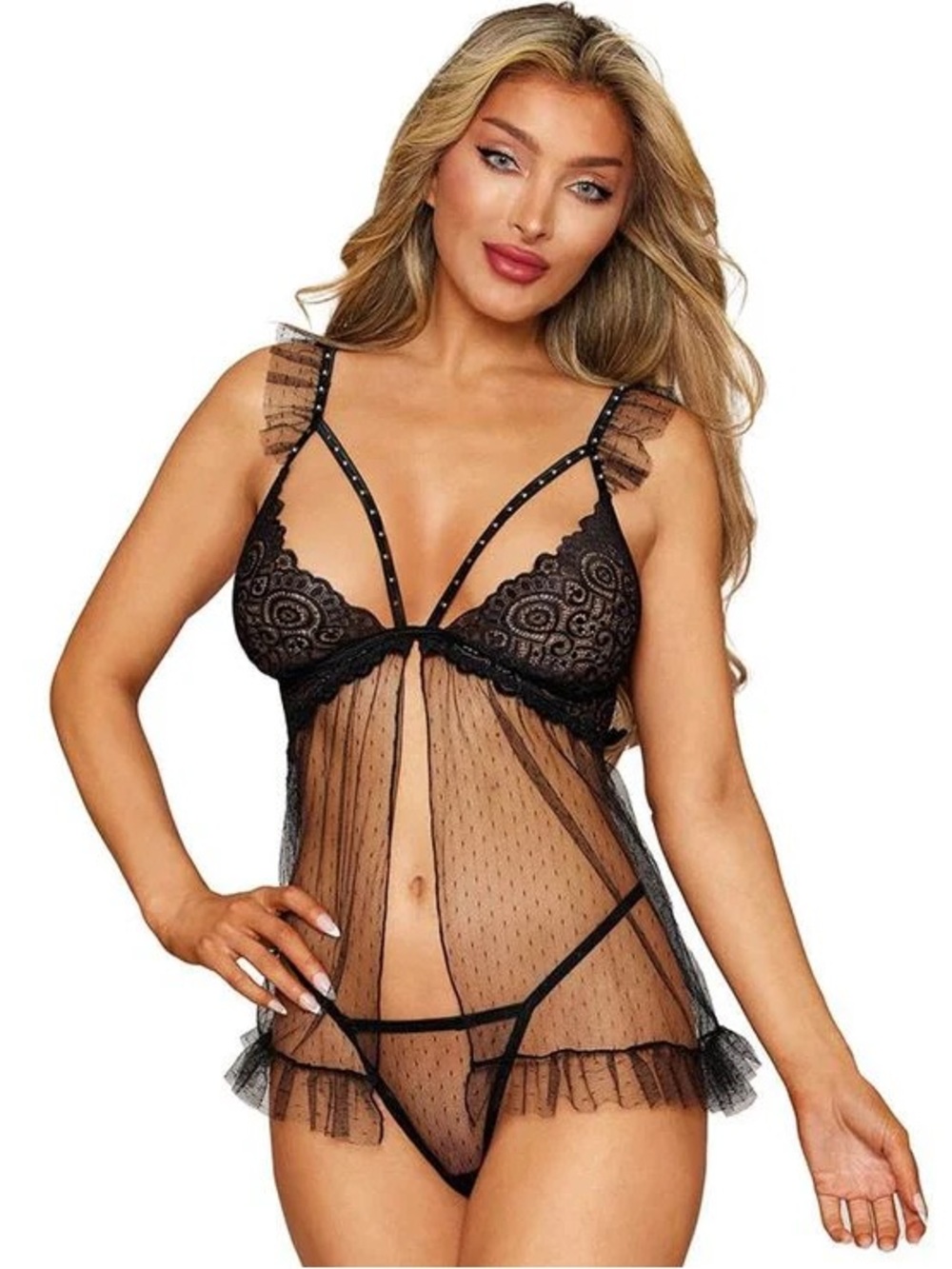 NIP Sexy Skimpy Dreamgirl Black Flyaway Babydoll w/ Matching G-String Lingerie